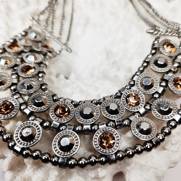 Silver Tone Metal Multi Chain Glass Gem Adjustable Collar Necklace Brutalist - Picture 3 of 6